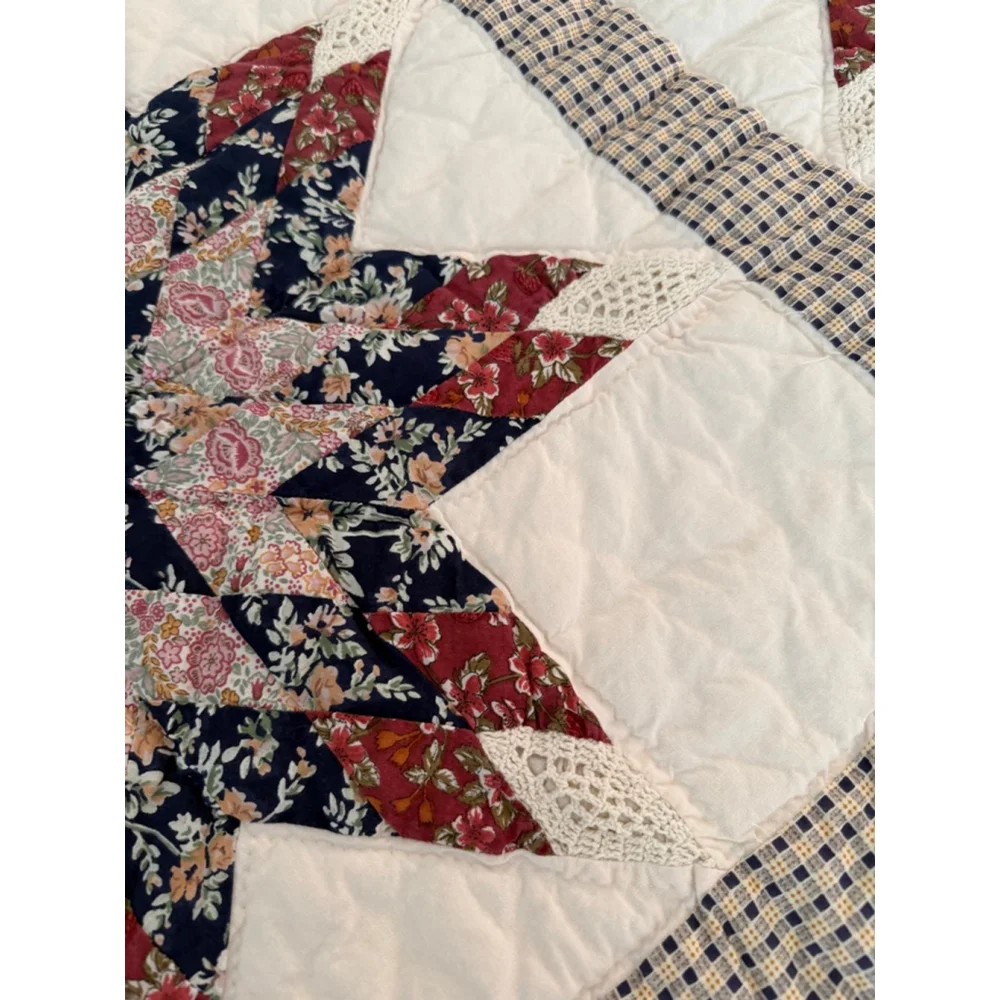 Vintage Handmade Quilt Hand Quilted Star Pattern Crochet Applique Cottagecore